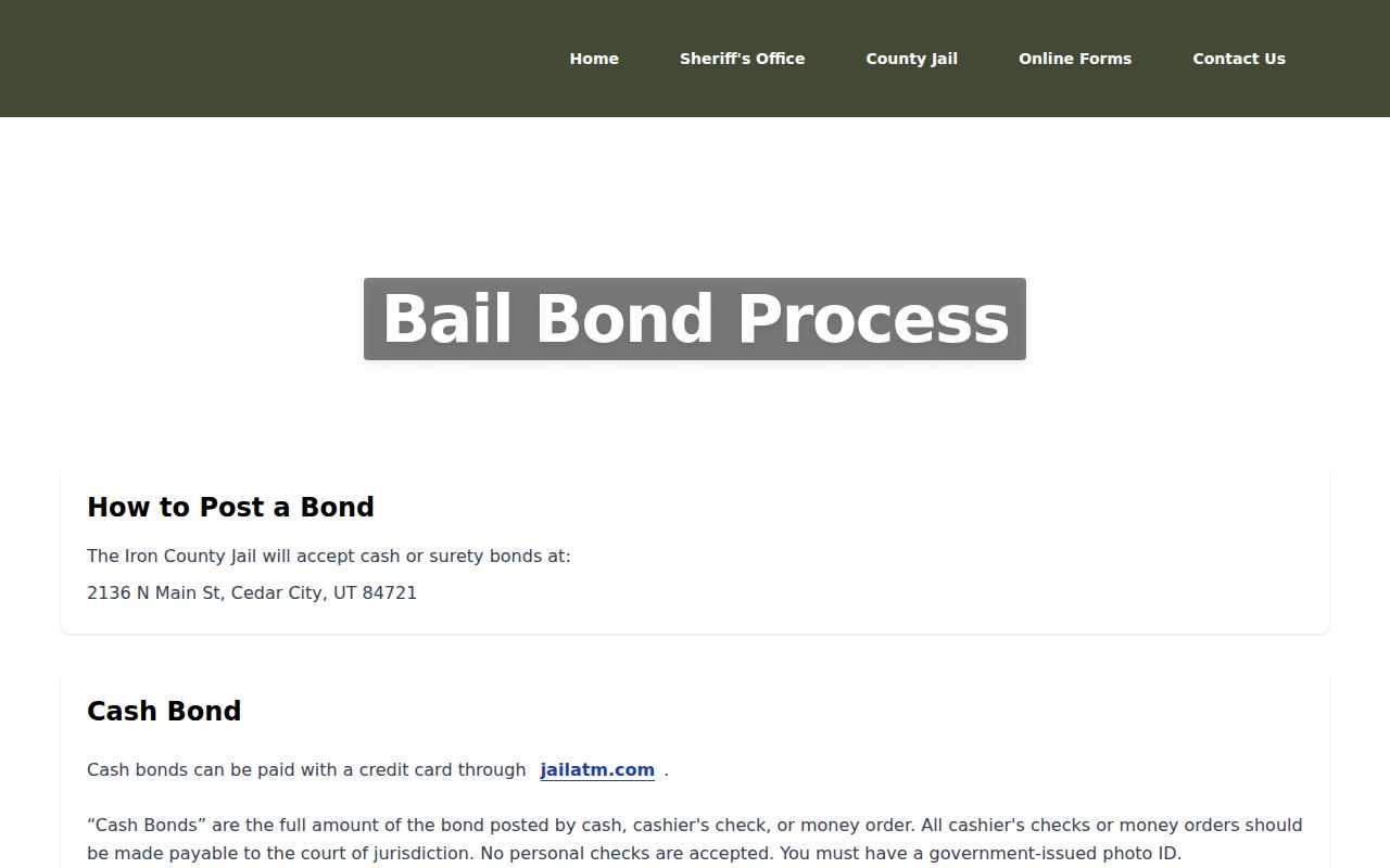 Iron County arrest warrant cash and surety bond instructions