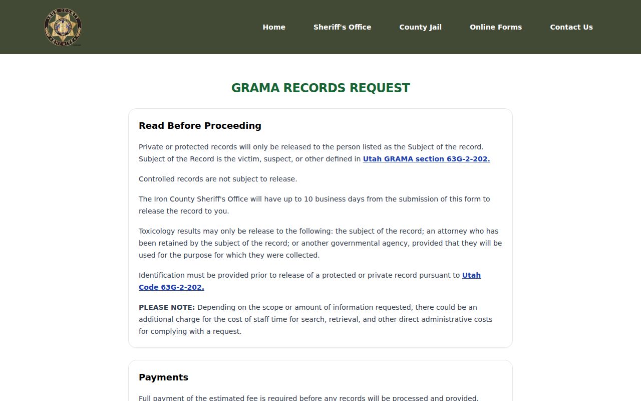 Iron County warrant records request through the Sheriff GRAMA form