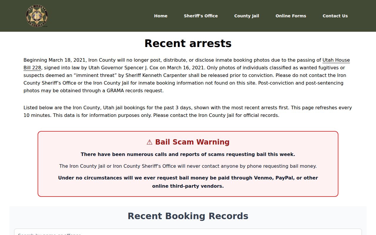 Iron County active warrant search compared with recent booking records