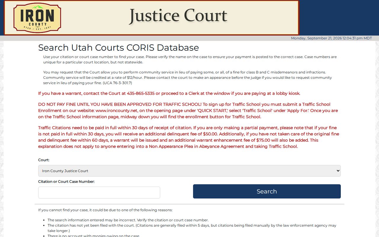 Iron County traffic warrant lookup court and citation fields