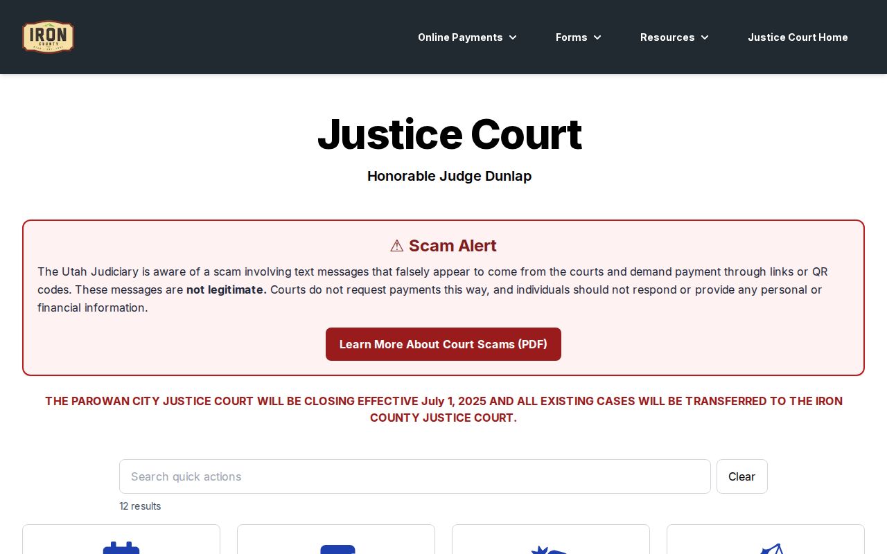 Iron County bench warrant confirmation through Justice Court
