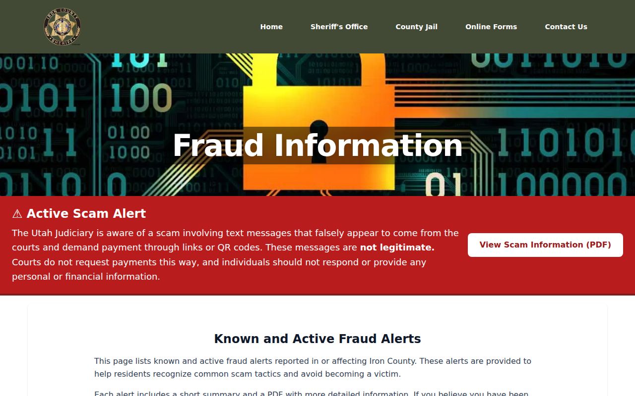 Iron County traffic warrant payment scam warning from the Sheriff