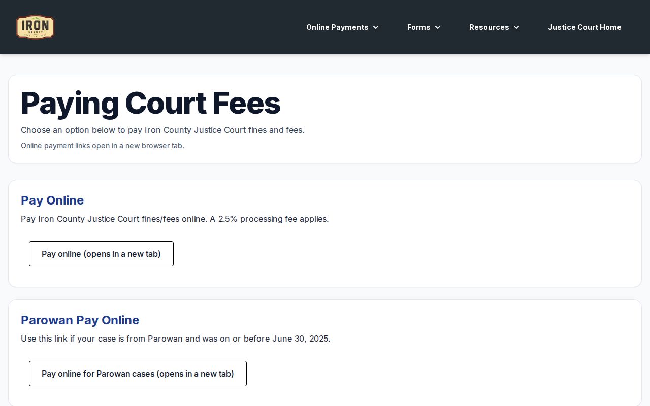 Iron County traffic warrant payment hours and court fee instructions
