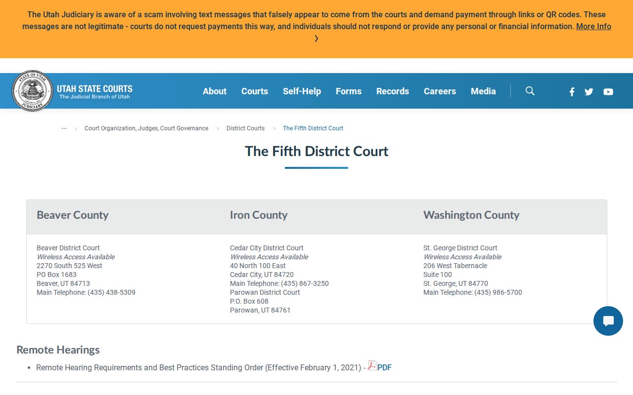 Iron County bench warrant court routing to Fifth District Court