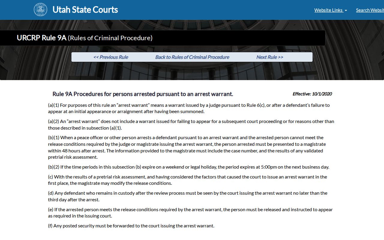 Iron County arrest warrant post-arrest review under Rule 9A