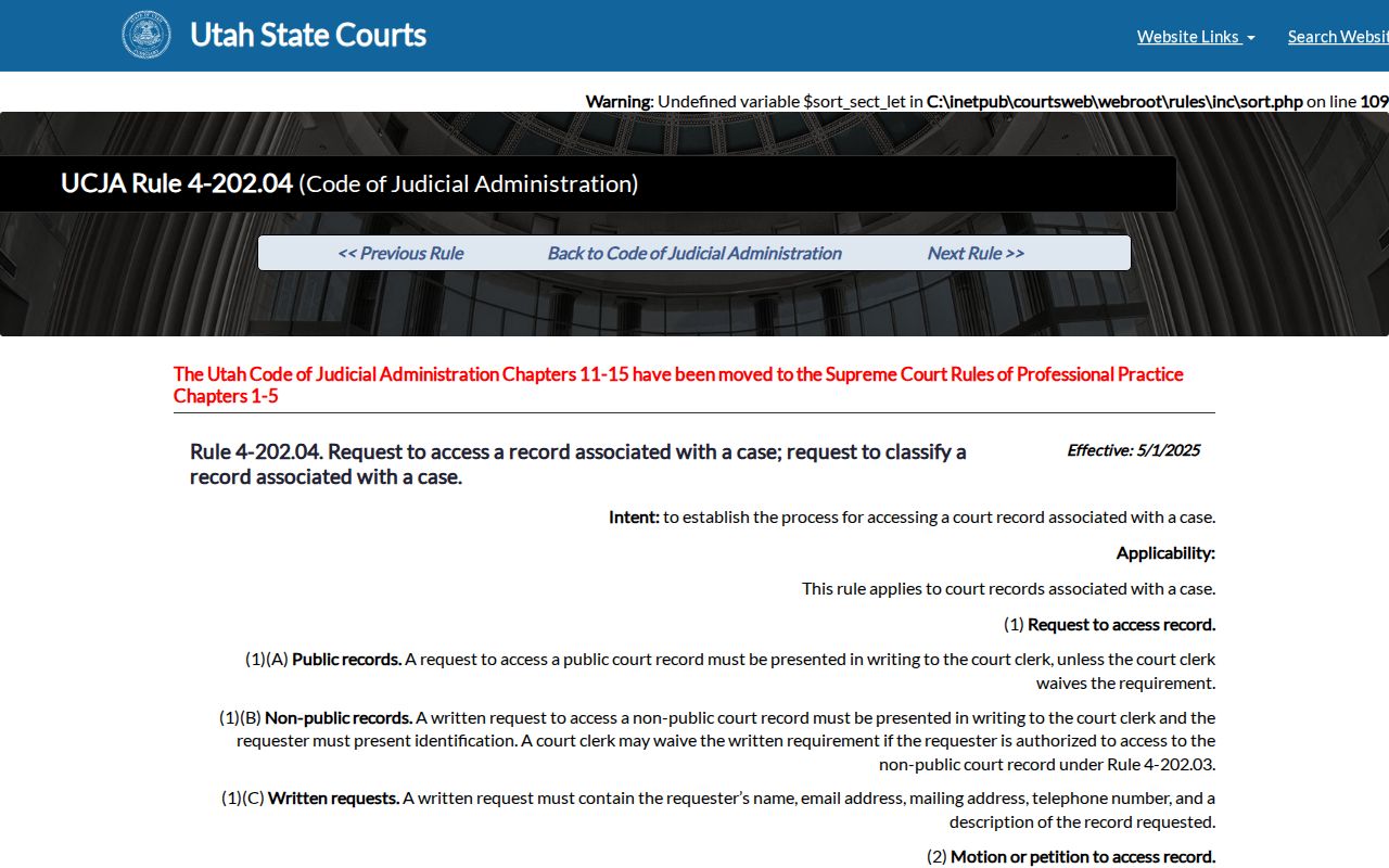 Iron County warrant record access under Utah court rules