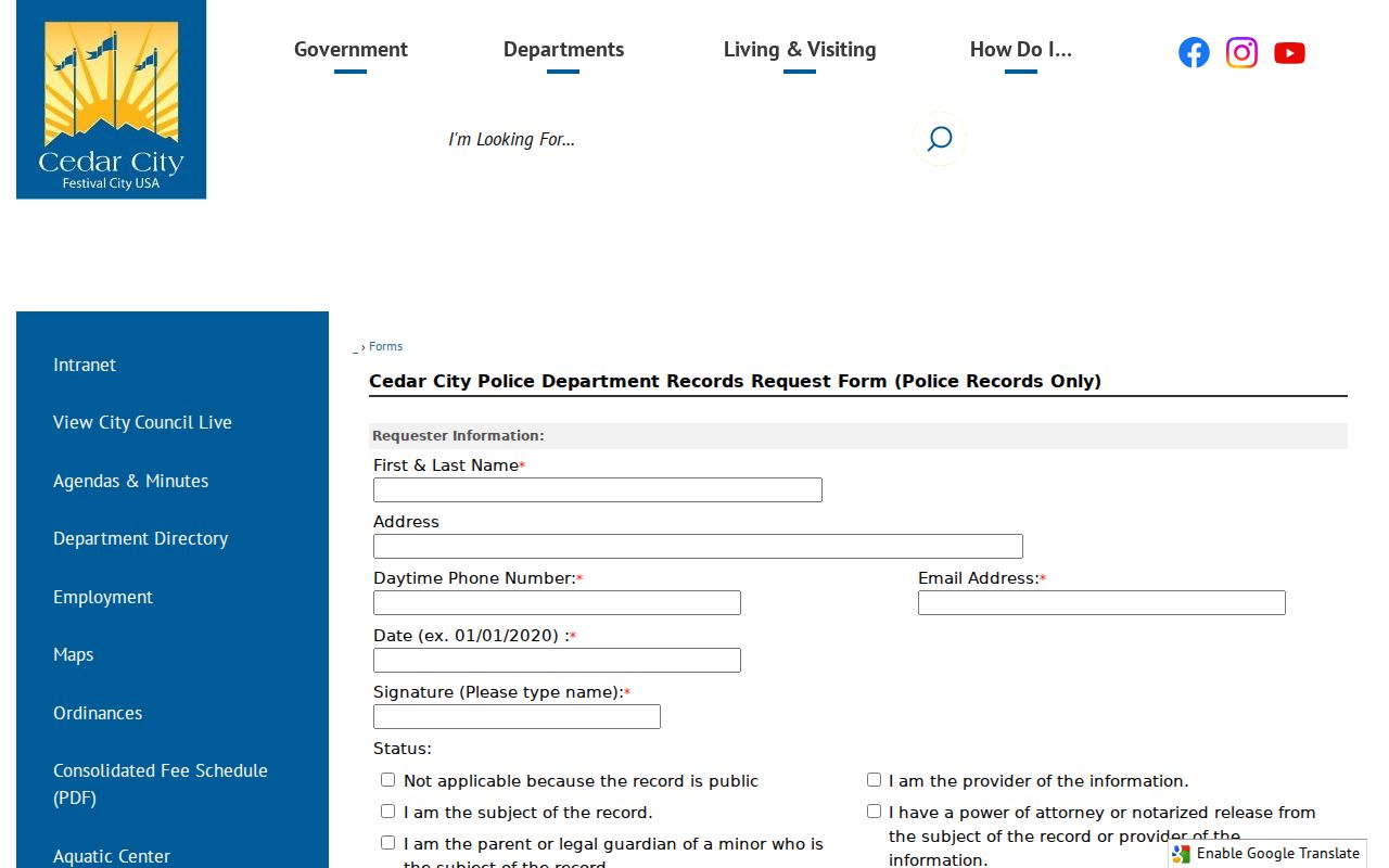 Cedar City warrant record distinction from the police records request form