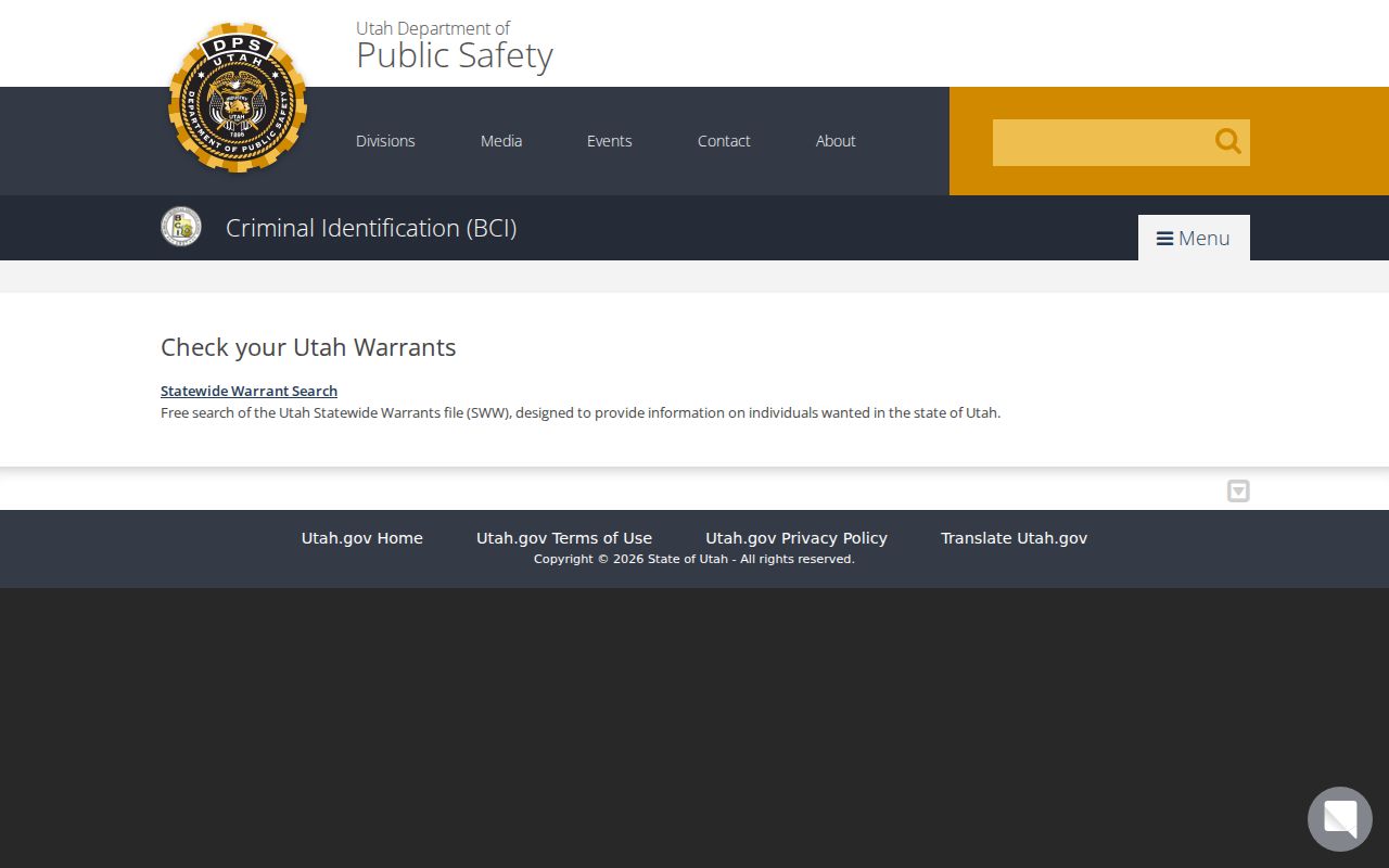 Iron County warrant search route on the Utah BCI warrant page