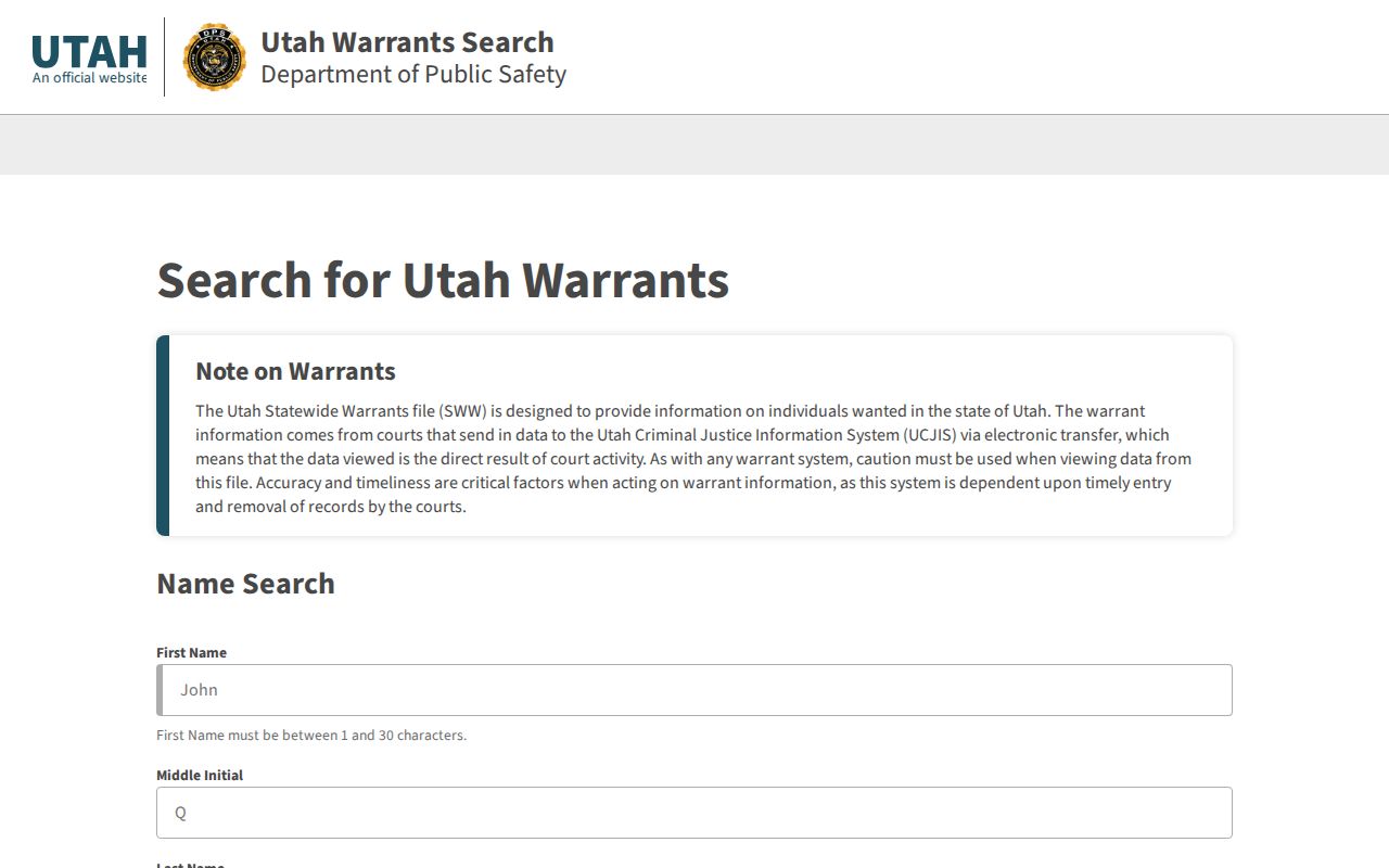 Iron County warrant record search on the Utah Statewide Warrants portal
